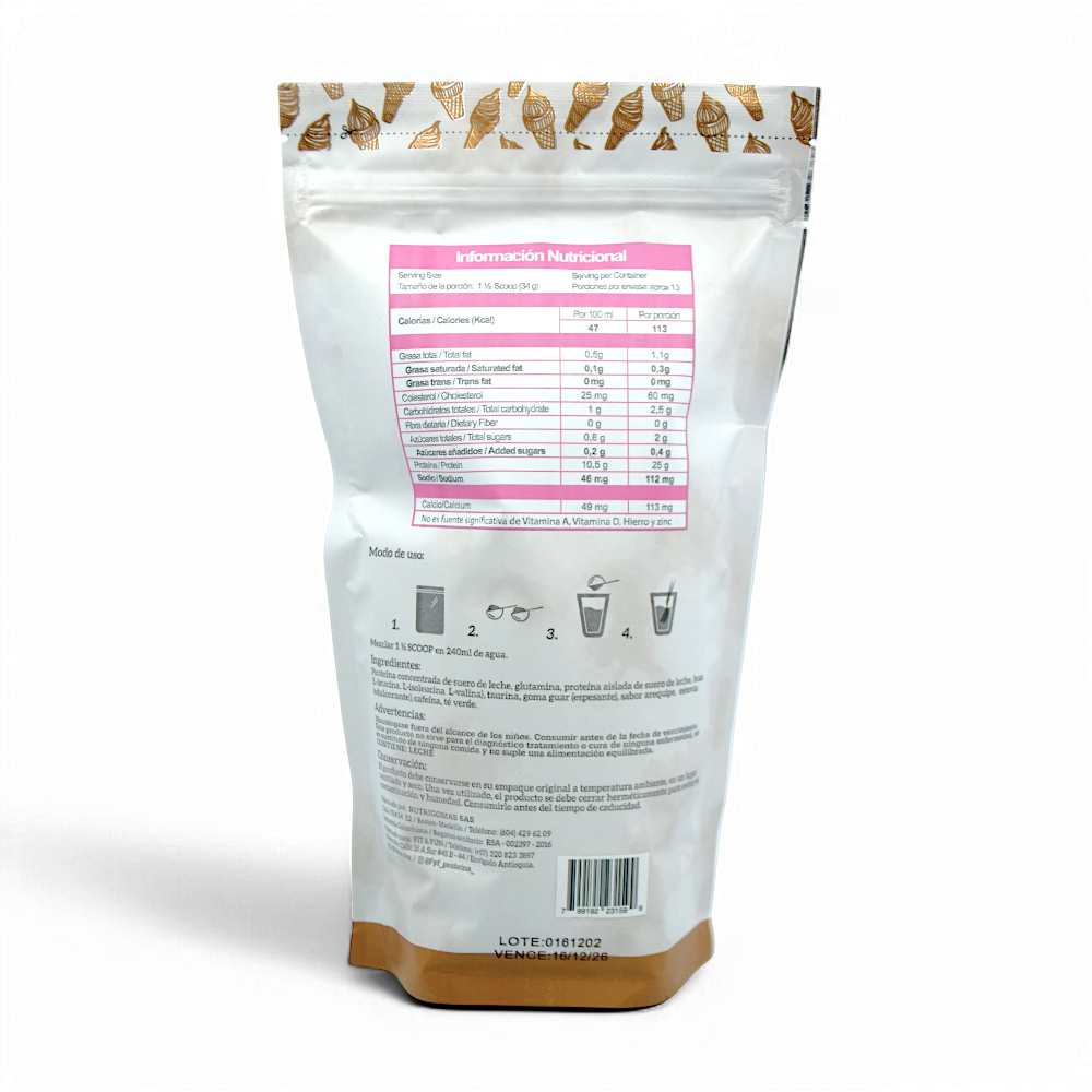 Tabla nutricional de Proteina Arequipe 442g (F&F) Pame Tamayo