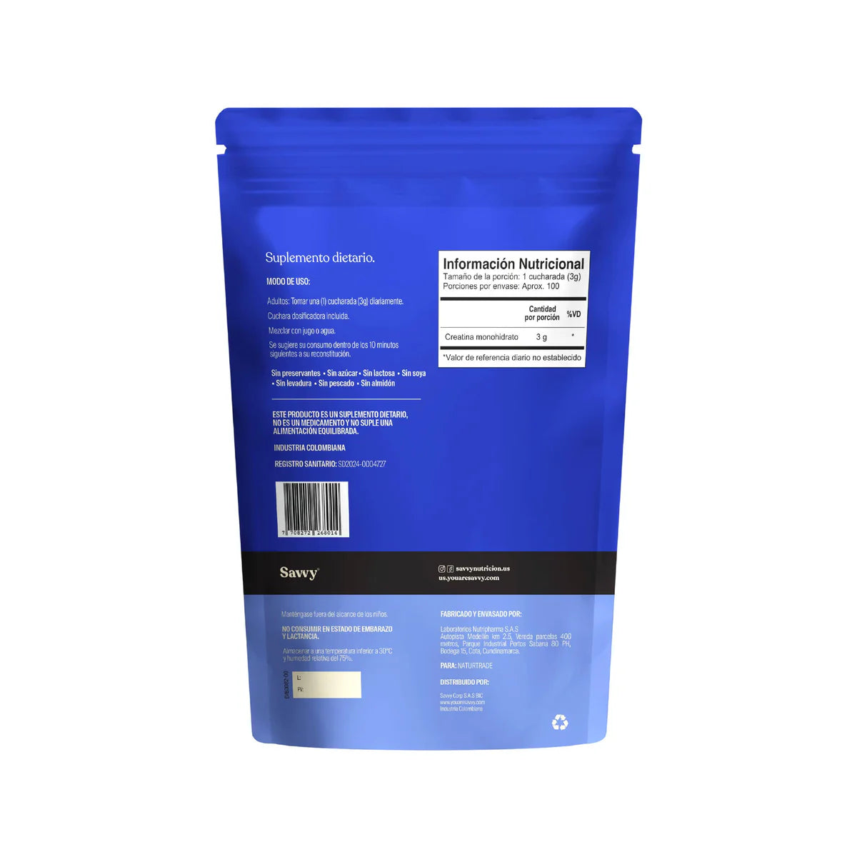 Tabla nutricional de Suplemento dietario con Creatina (SAVVY) 300gr