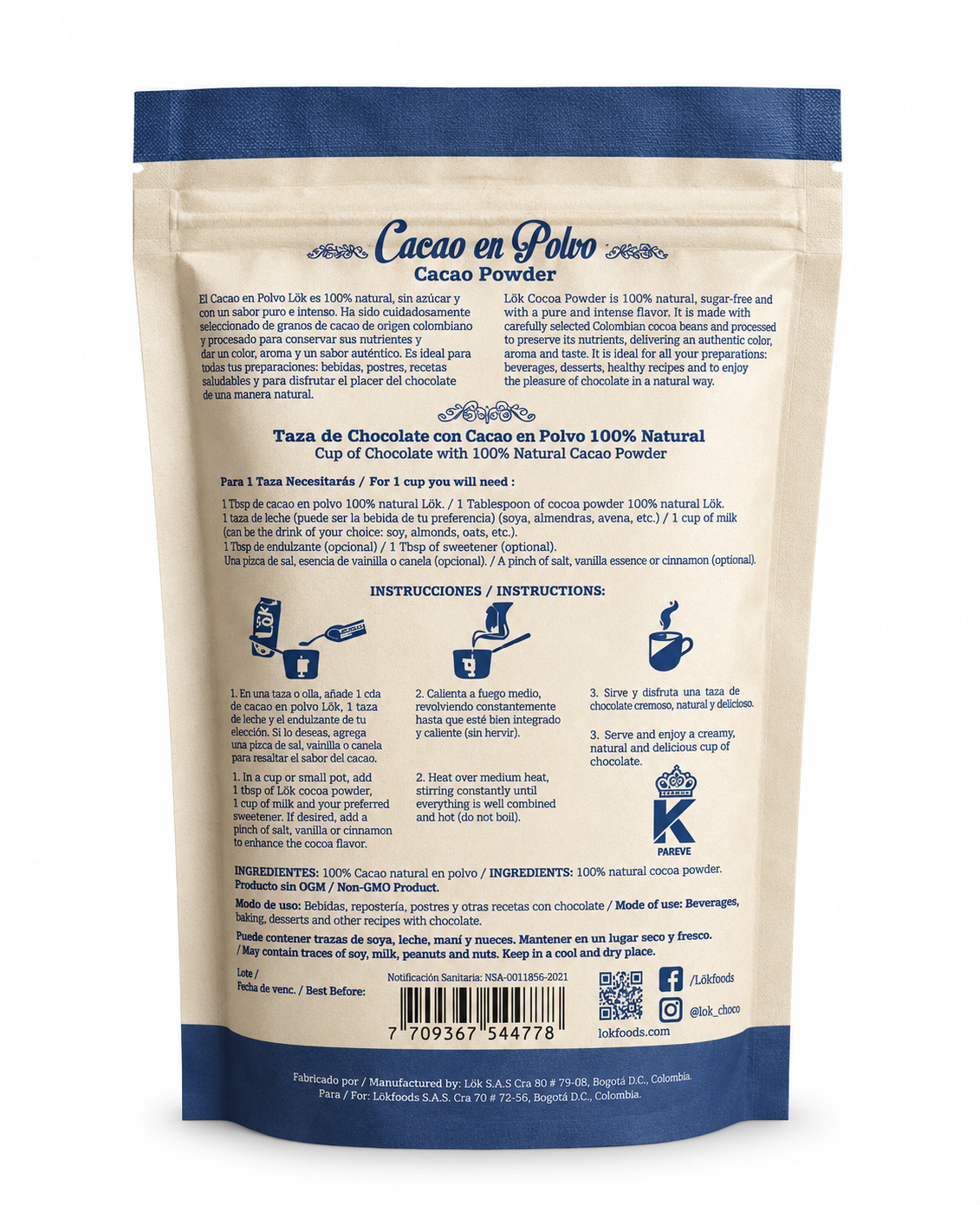 Tabla nutricional de Cacao Polvo 200gr (LOK)
