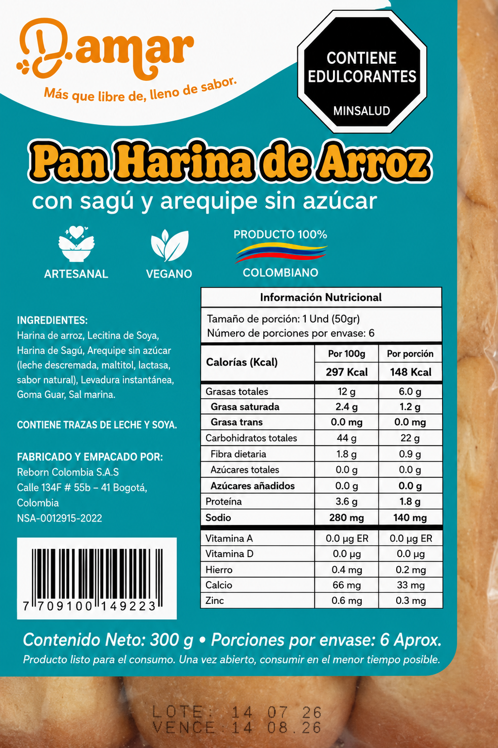 Tabla nutricional de Mogolla de Harina de Arroz y Sagu con Arequipe (DAMAR)