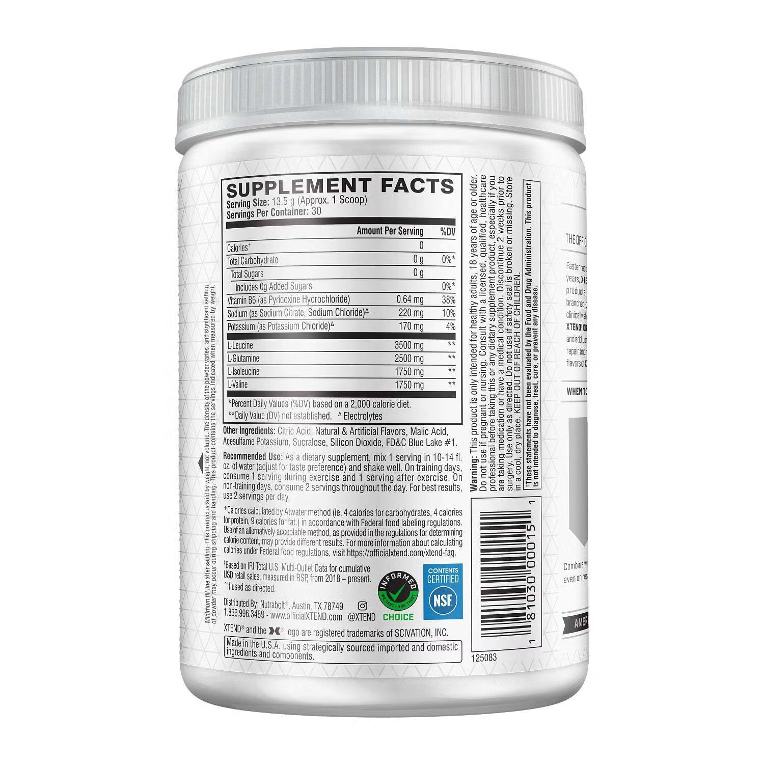 Tabla nutricional de Xtend Bcaa 30 Servi. Bluerasberry