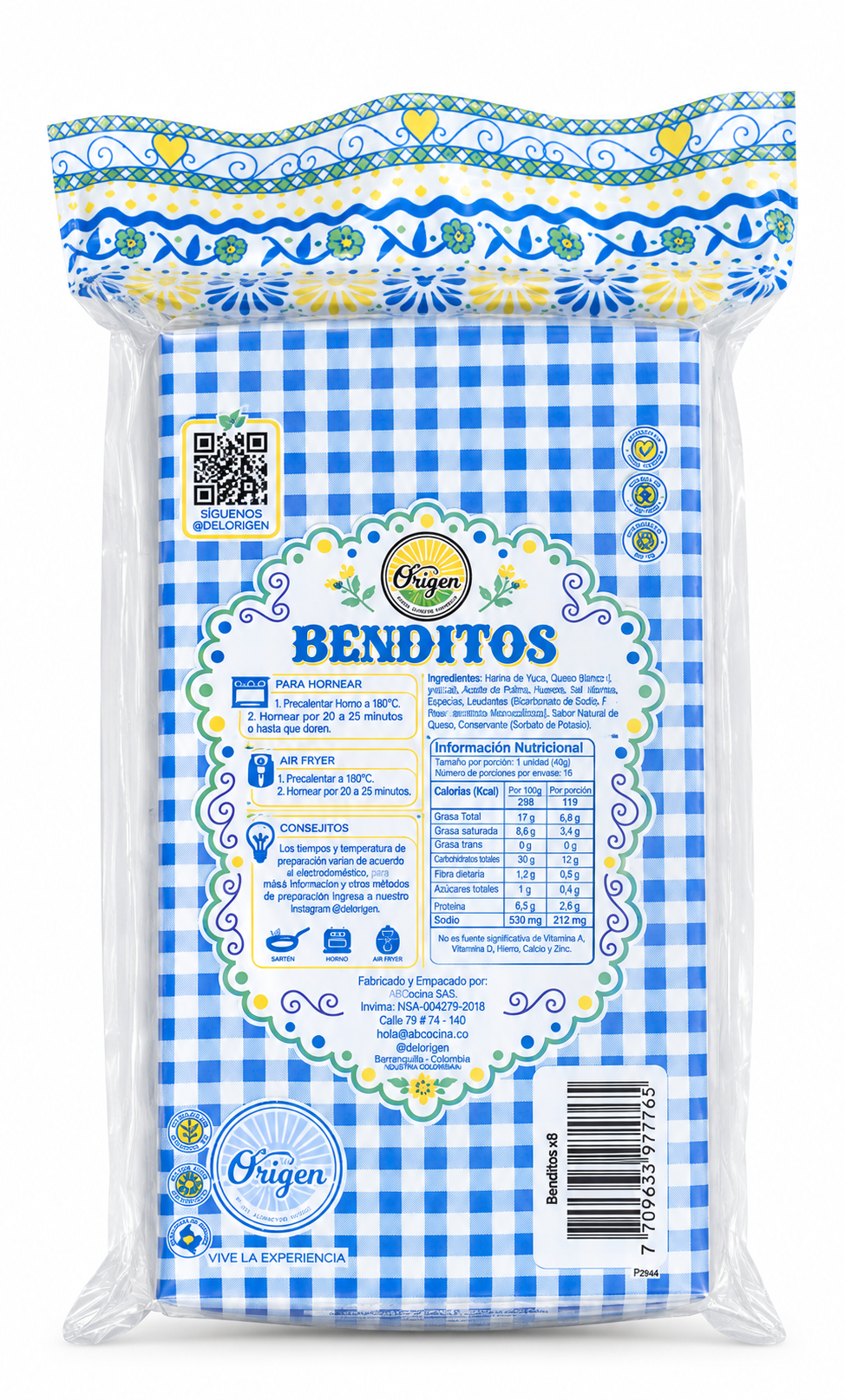 Tabla nutricional de Benditos Gluten-Free 8und (DEL ORIGEN) 630gr