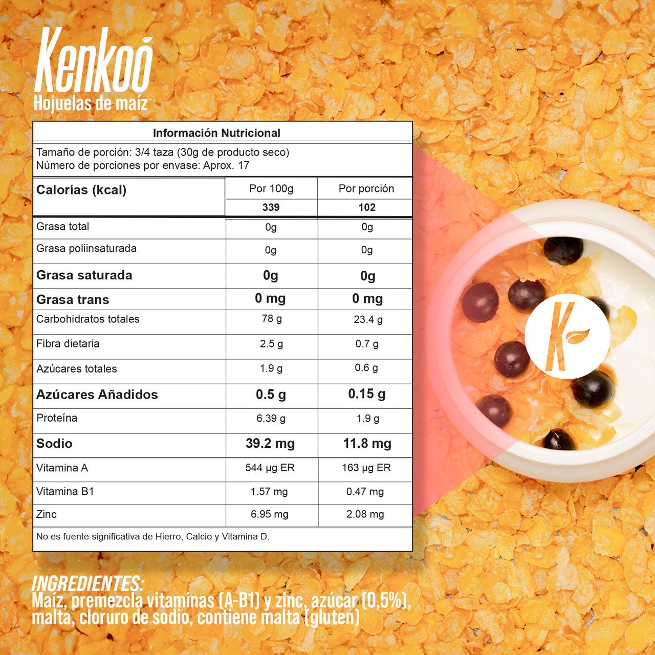 Tabla nutricional de Hojuelas de Maíz ( KENKOO) 500gr
