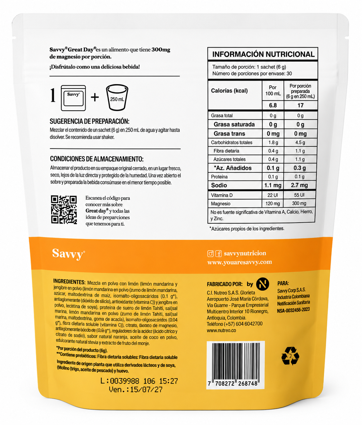 Tabla nutricional de Great Day 180gr (SAVVY) Lemon Gingerine Magnesio