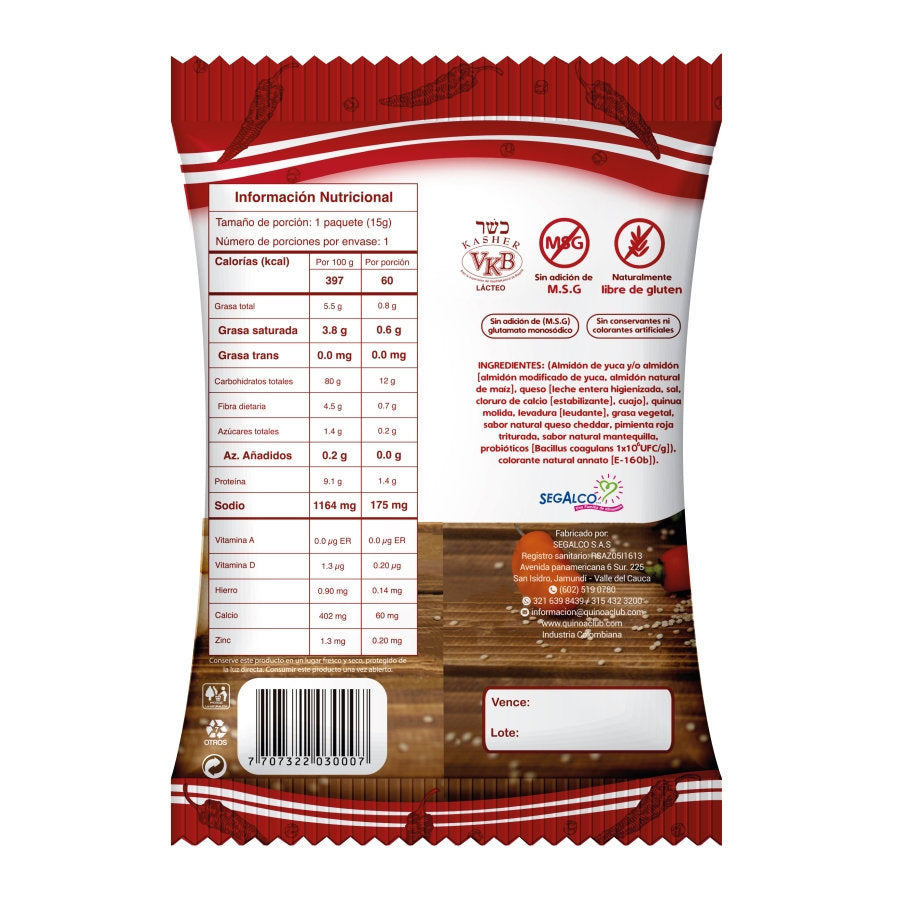 Tabla nutricional de Paca de Roscas de Quinoa 15gr (QUINOA CLUB) Picantes X6