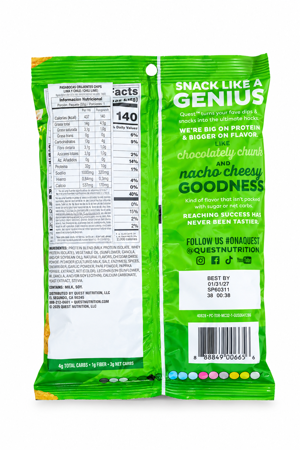 Tabla nutricional de Tortilla Chips 32gr (QUEST) Chili Lime