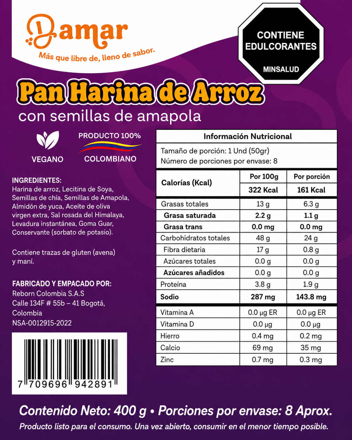 Tabla nutricional de Pan con Harina de Arroz y semillas de Amapola 450gr (DAMAR)
