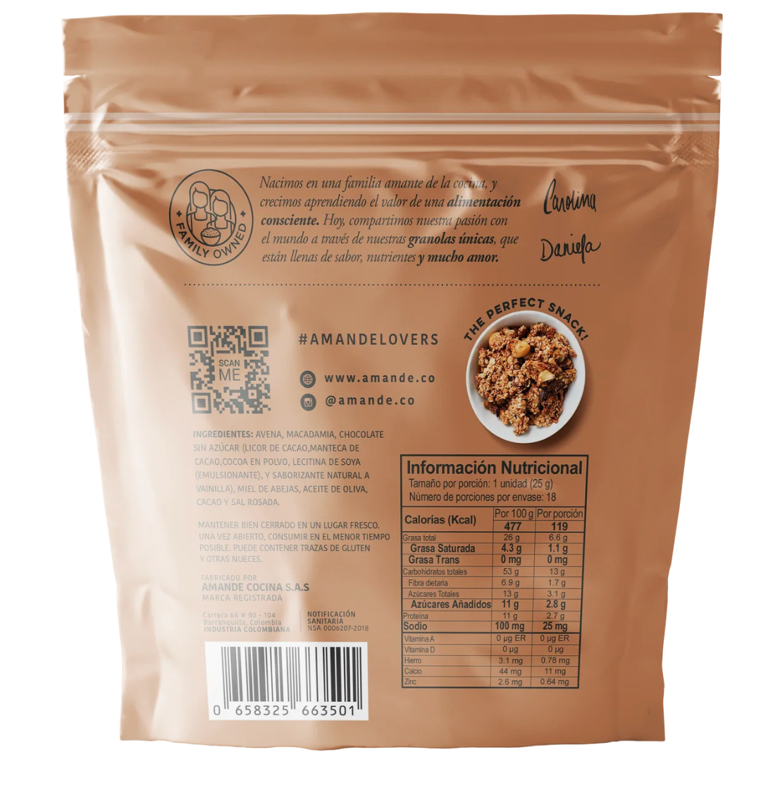 Tabla nutricional de Granola Macadamia-Chocolate 300gr (AMANDE)