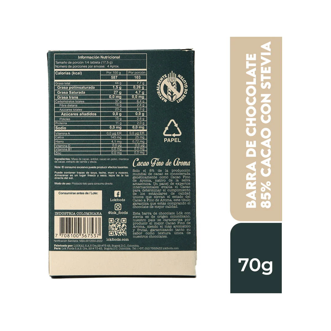 Tabla nutricional de Chocolate 85% con Stevia 70gr (LOK)