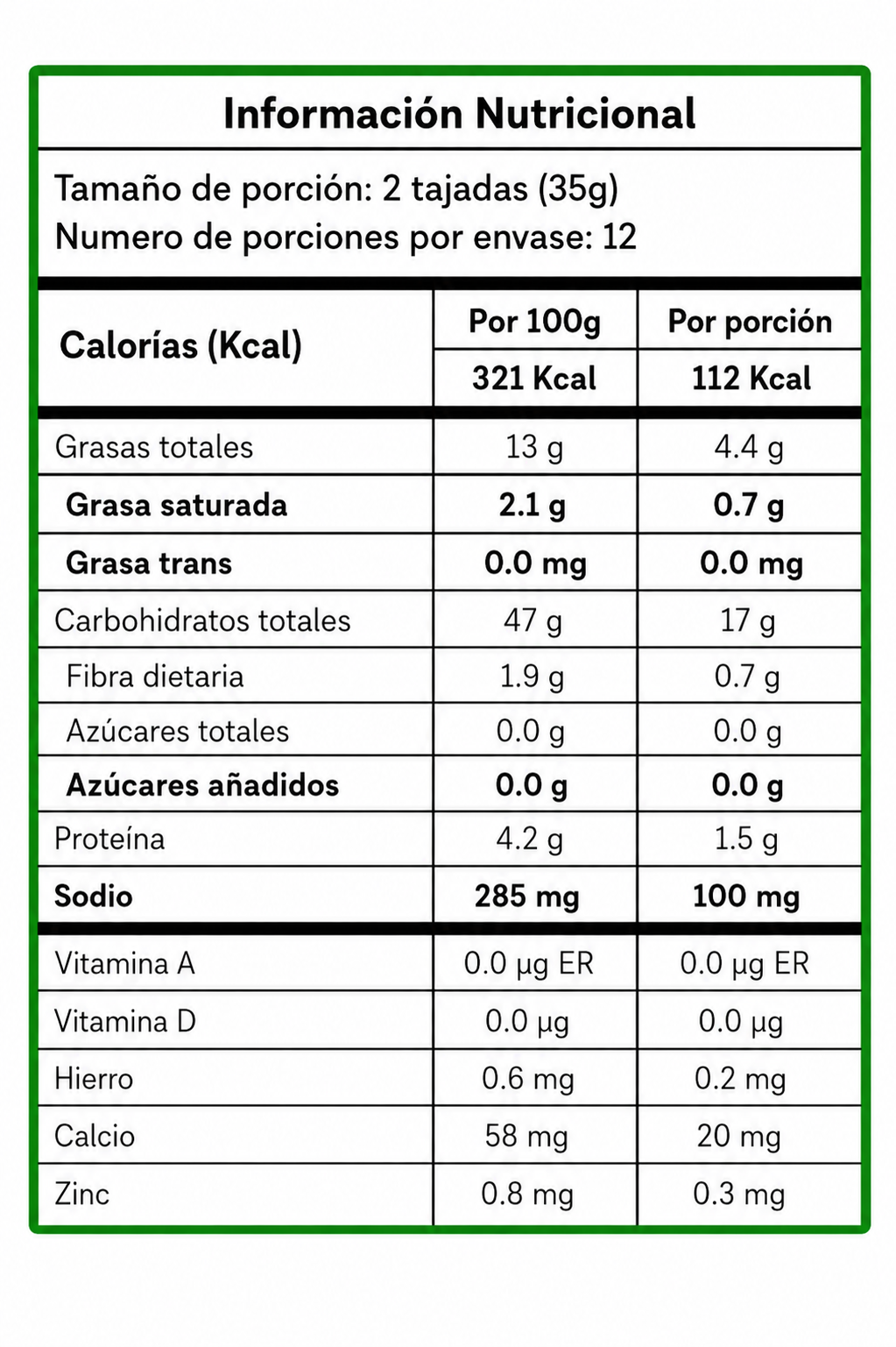 Tabla nutricional de Pan de QuInoa Sal 450gr (DAMAR)