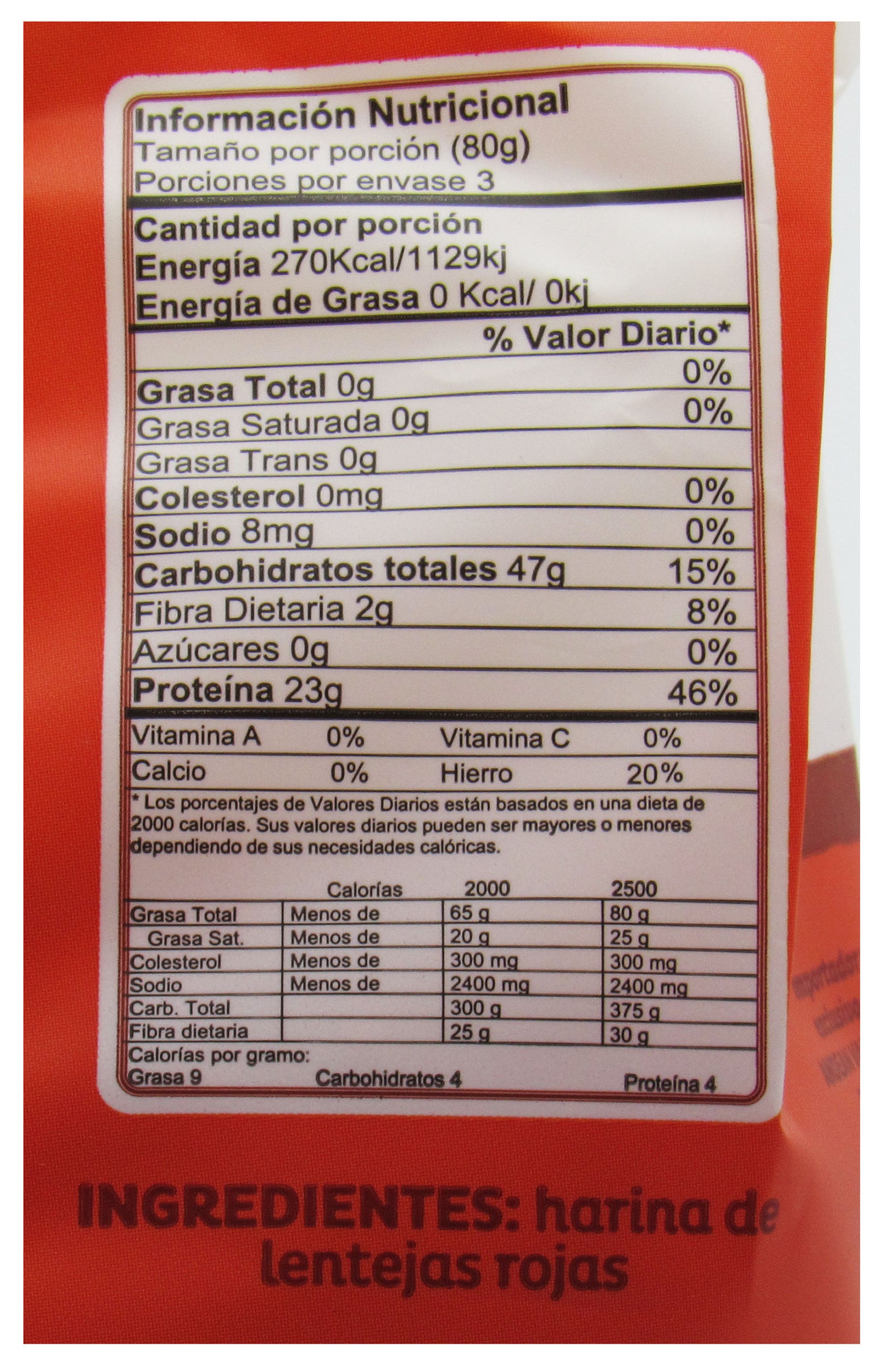 Tabla nutricional de Coditos 250gr (EL DORADO) Lentejas Rojas