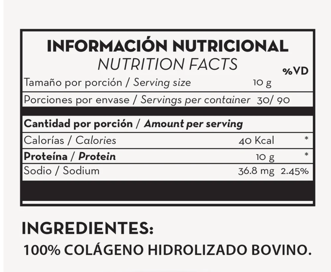 Tabla nutricional de Colageno Hidrolizado 300gr (EFFEKT) Sin Sabor