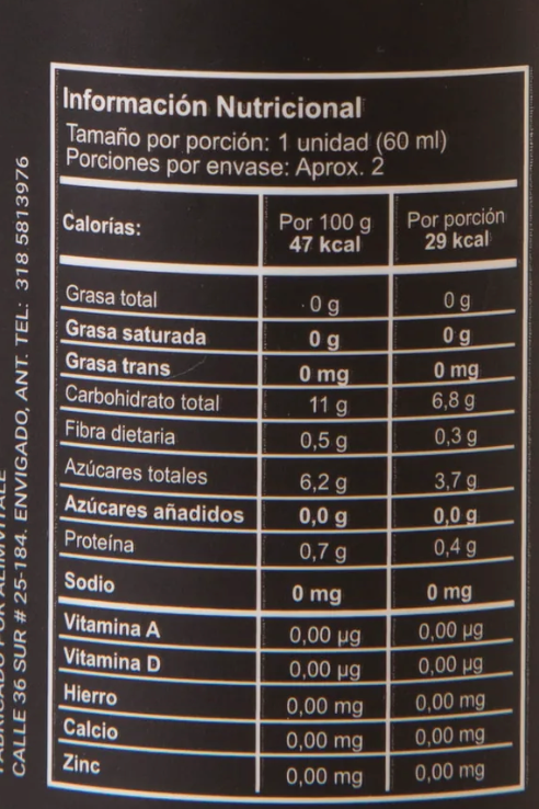 Tabla nutricional de Shot Fuego (SELVA FRESCA)