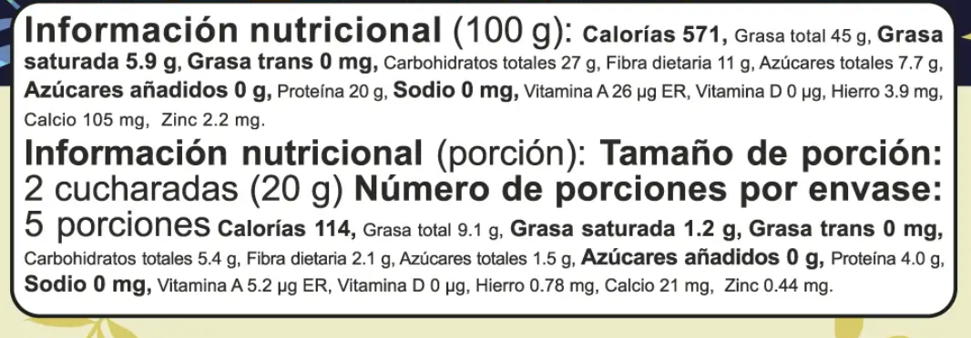 Tabla nutricional de Flexible Pistacho (NUTTI) 100gr