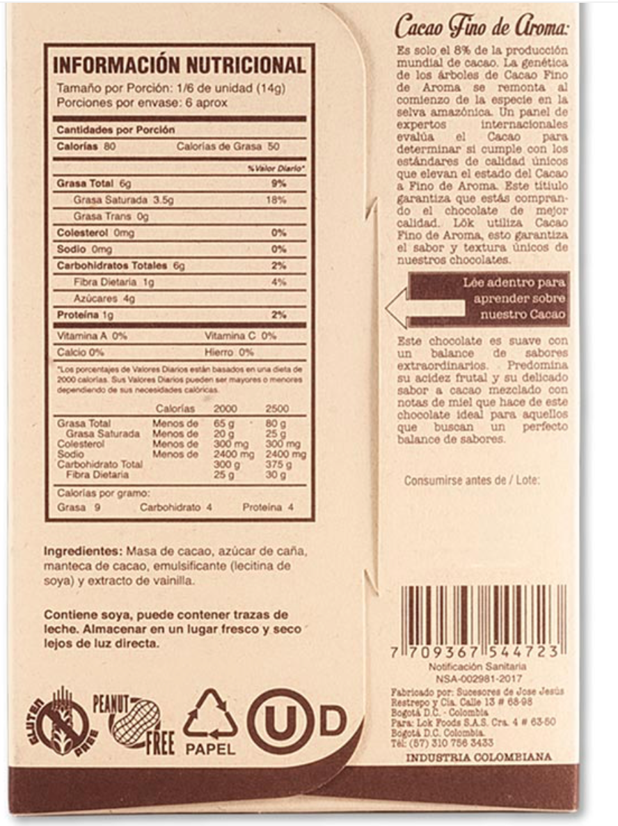 Tabla nutricional de Barra Cacao 85gr (LOK) 70%