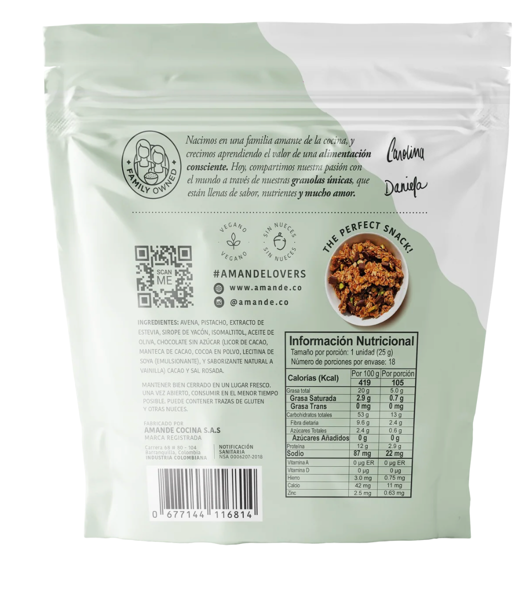 Tabla nutricional de Granola Vegana 300gr (AMANDE) Choco Pistacho