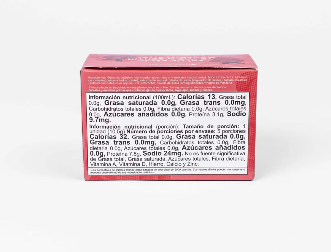 Tabla nutricional de Gelatina sabor Frambuesa con colágeno y estevia  (MANZATO) 5 Sobres