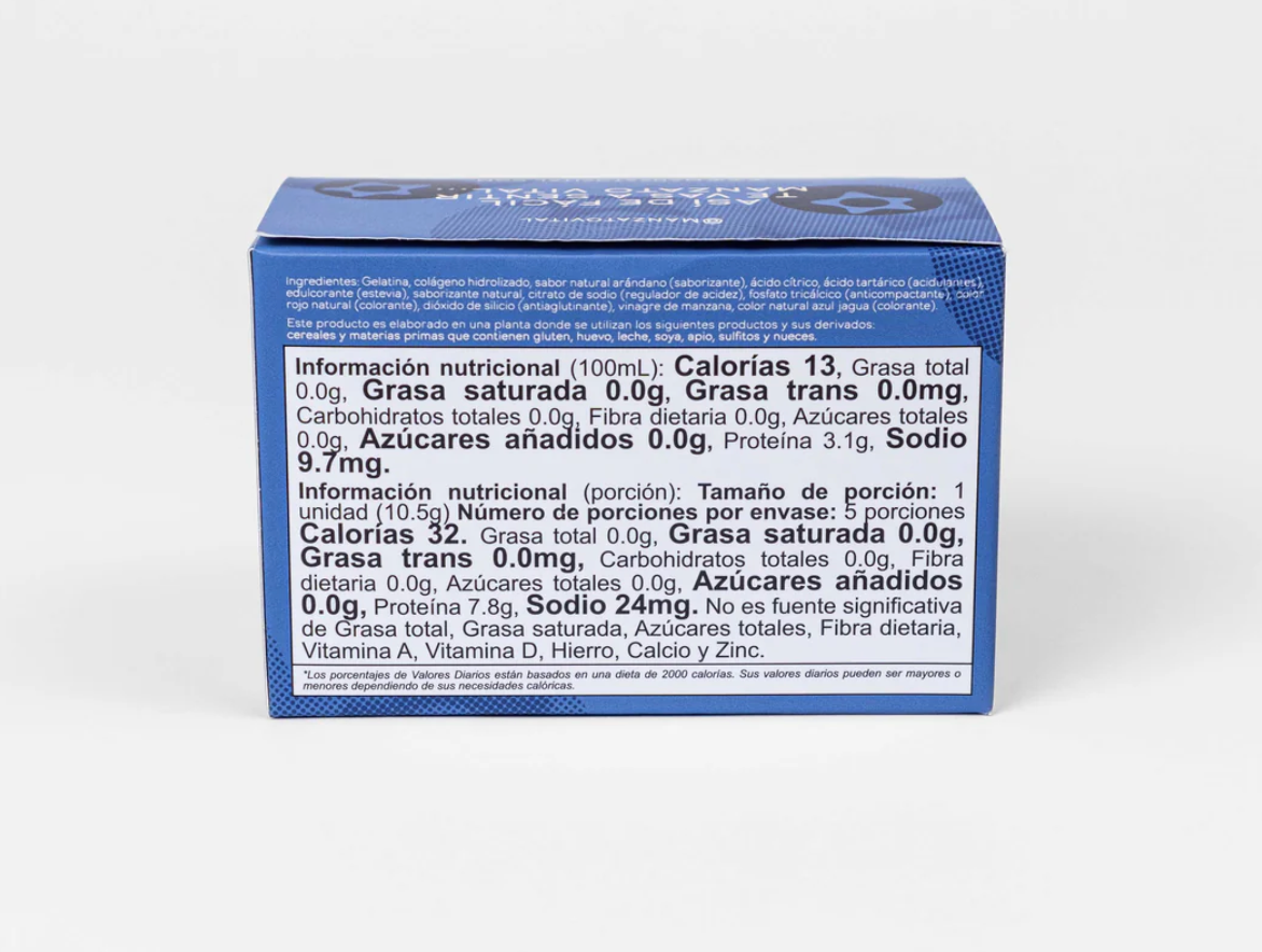 Tabla nutricional de Gelatina sabor Arándanos con colágeno  (MANZATO) 5 Sobres