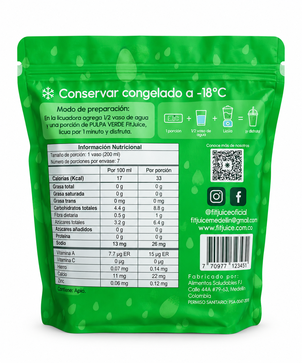 Tabla nutricional de Pulpa fruta 700gr (FIT JUICE) Verde
