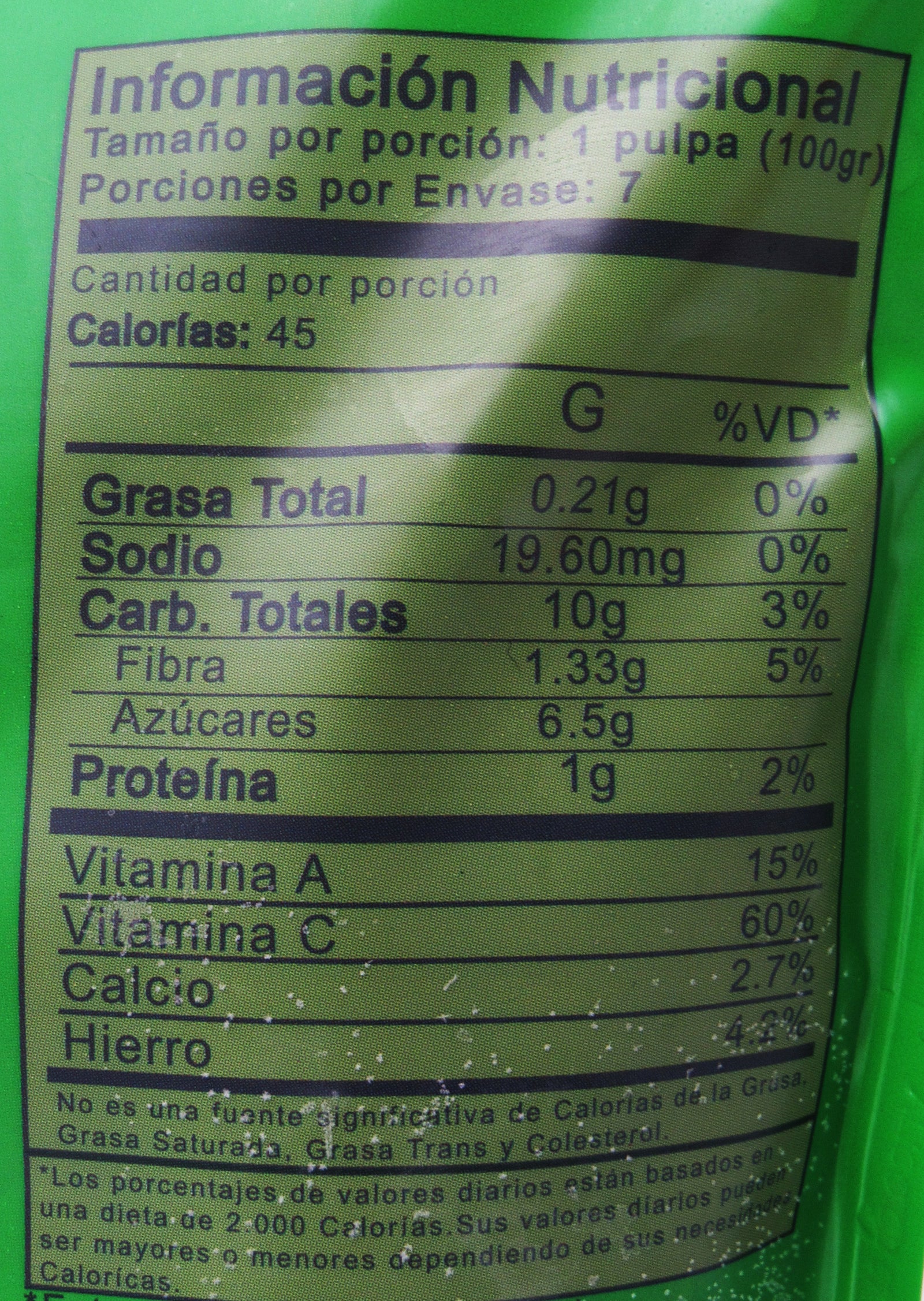 Tabla nutricional de Pulpa fruta 700gr (FIT JUICE) Verde