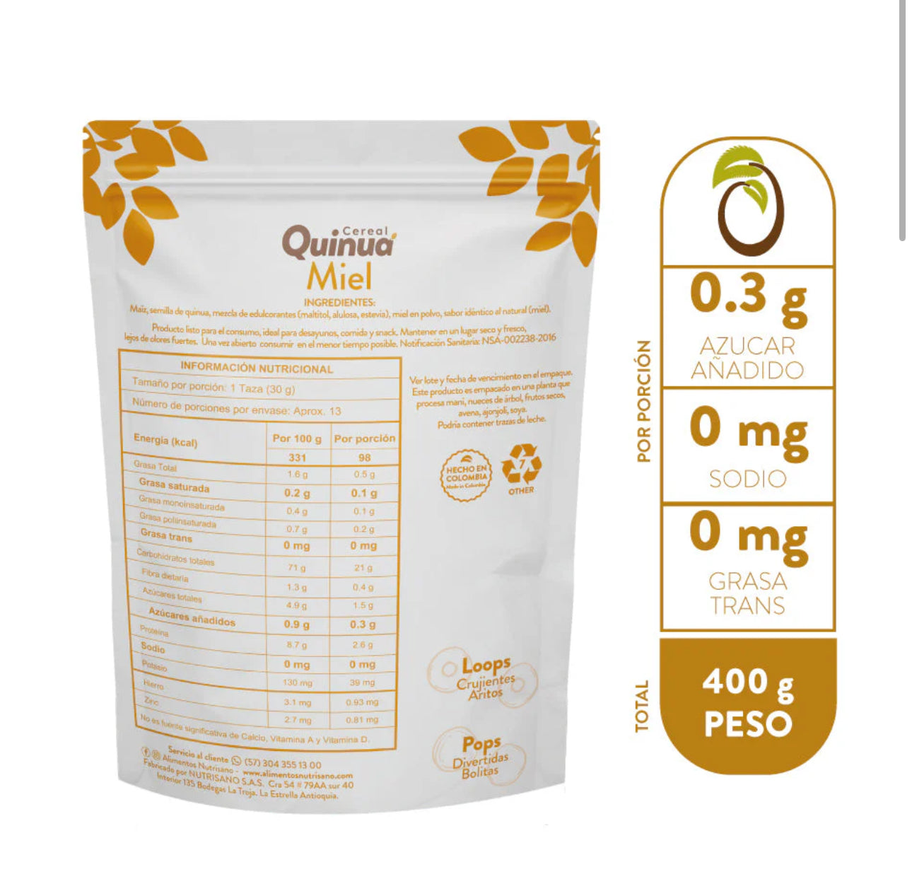 Tabla nutricional de Cereal Quinoa 400gr (NUTRISANO) Miel Loops