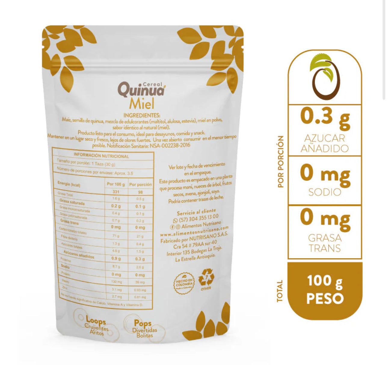 Tabla nutricional de Cereal Quinoa 100gr (NUTRISANO) Miel Pop