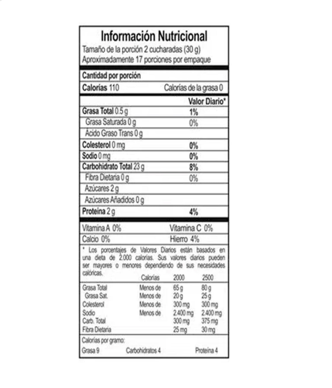 Tabla nutricional de Harina de Arroz 500gr (KARAVANSAY)