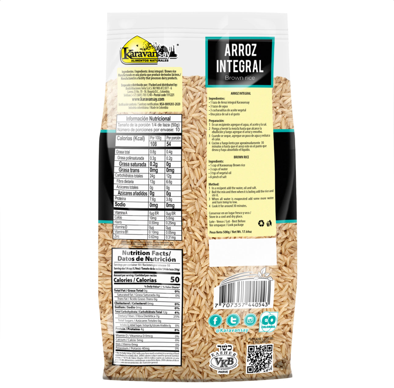 Tabla nutricional de Arroz Integral 500gr (KARAVANSAY) Natural