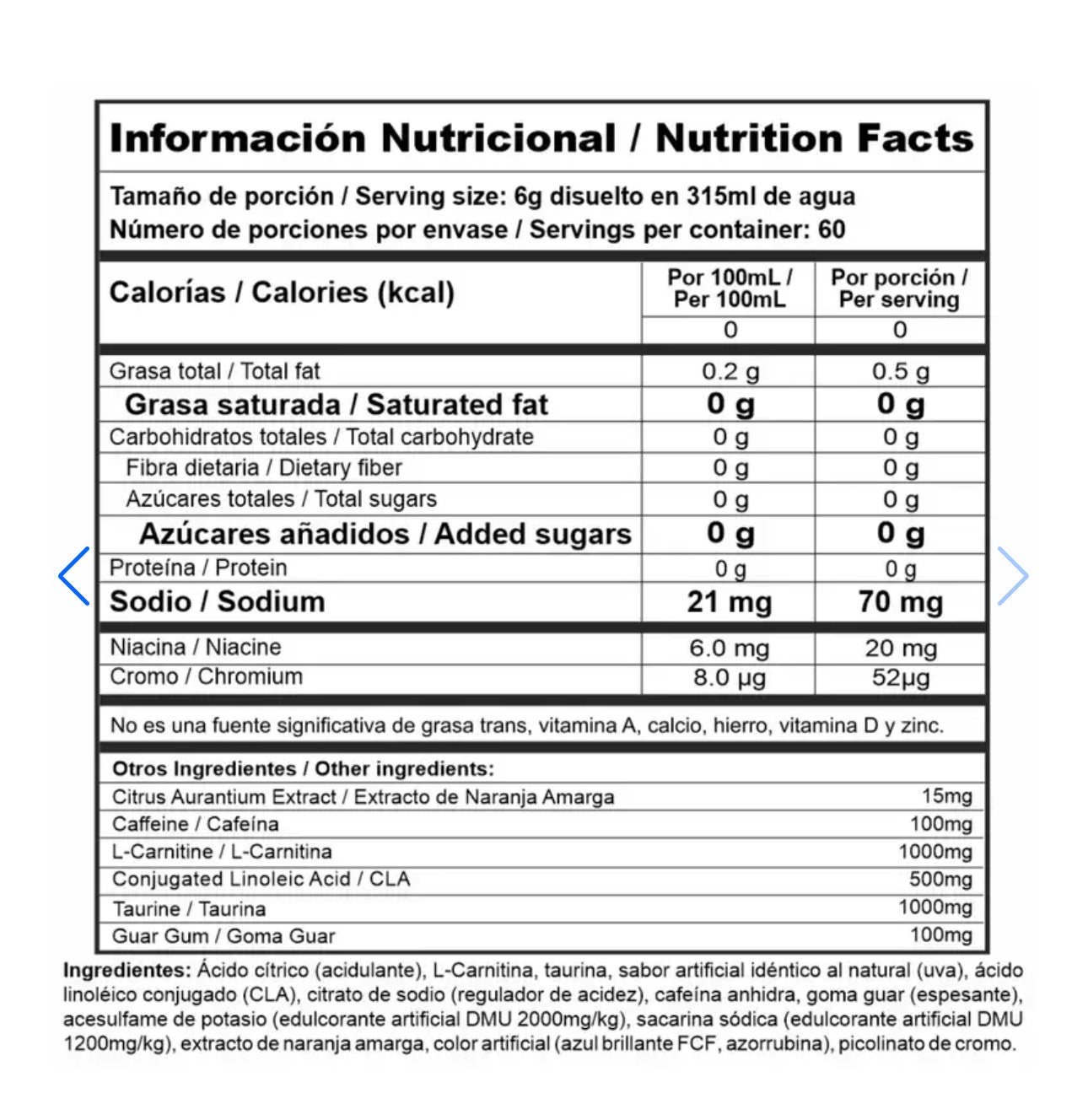 Tabla nutricional de Burner Stack 360gr (NUTRAMERICAN) uva