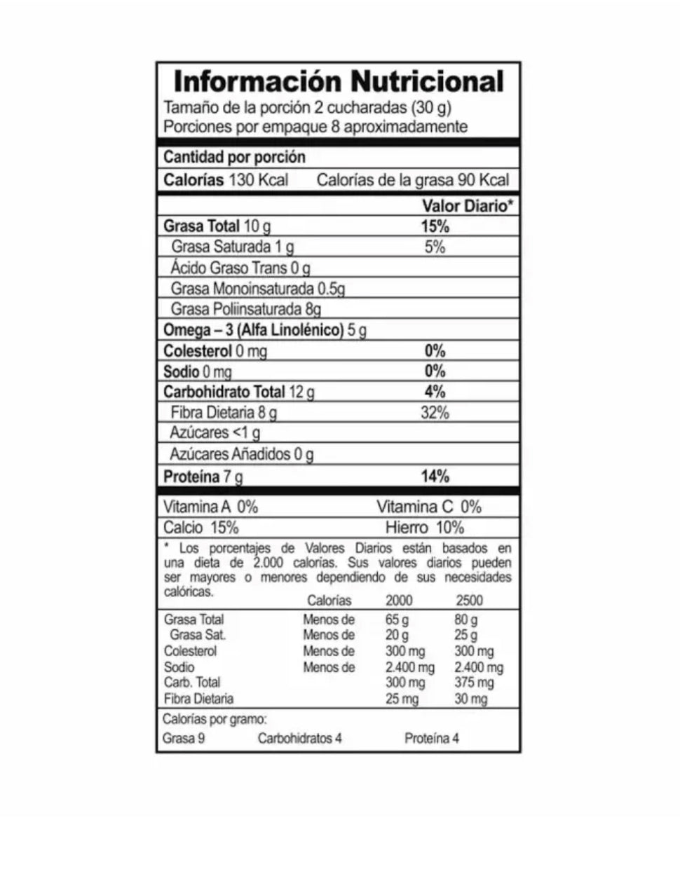 Tabla nutricional de Semilla de Chia 250gr (KARAVANSAY)