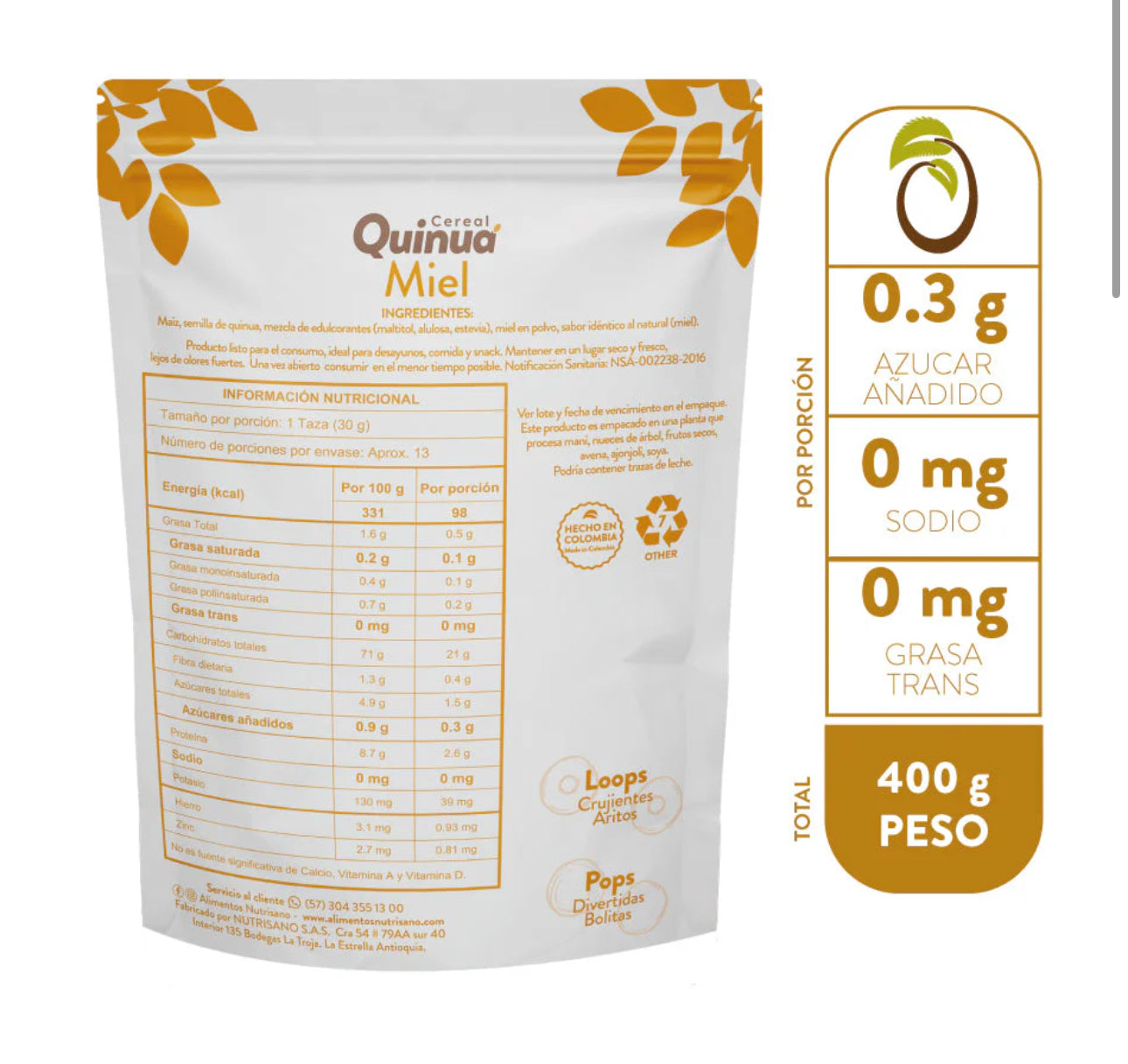 Cereal Quinoa 400gr (NUTRISANO) Miel Pop