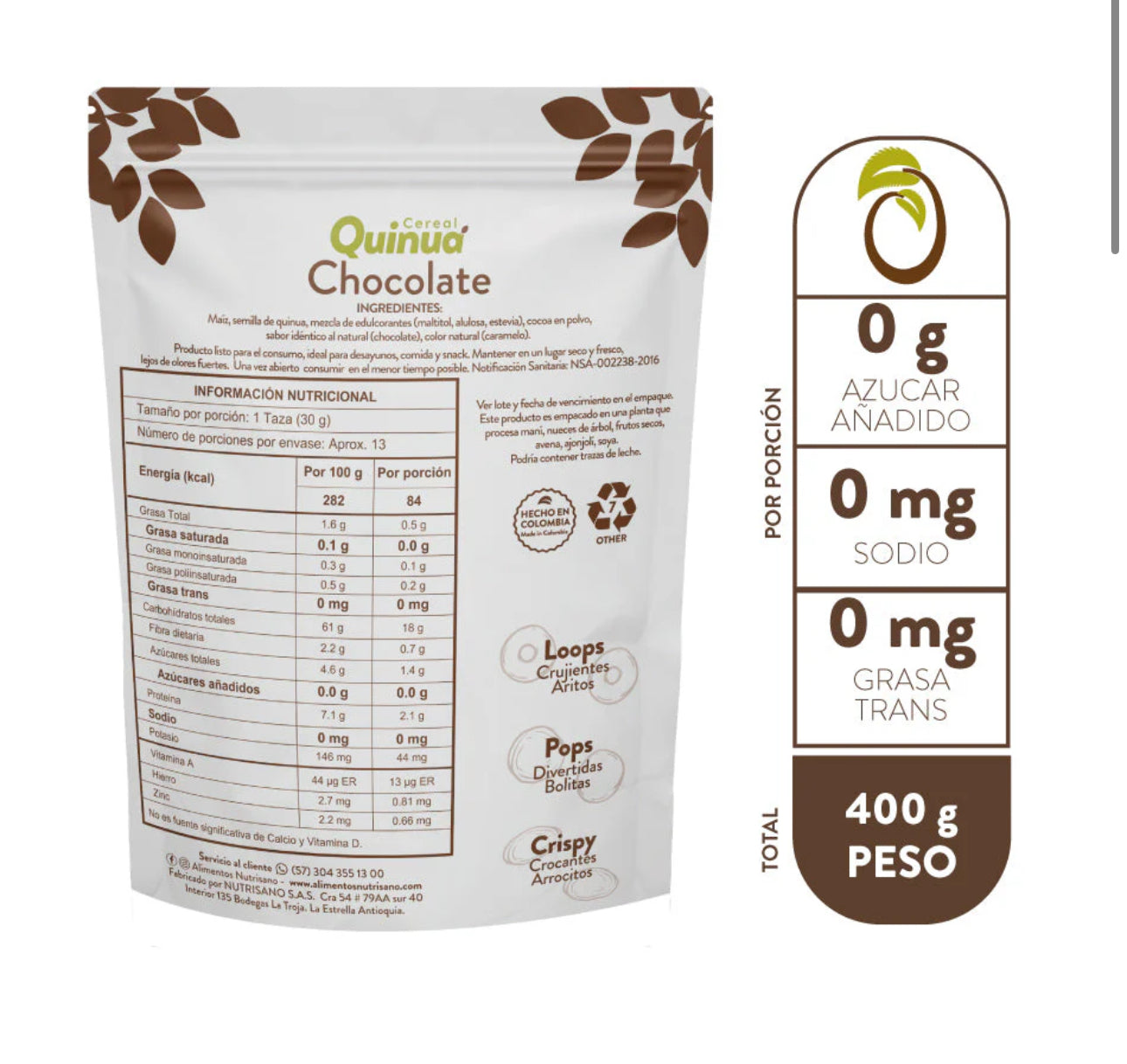 Tabla nutricional de Cereal Quinoa 400gr (NUTRISANO) Chocolate Pop
