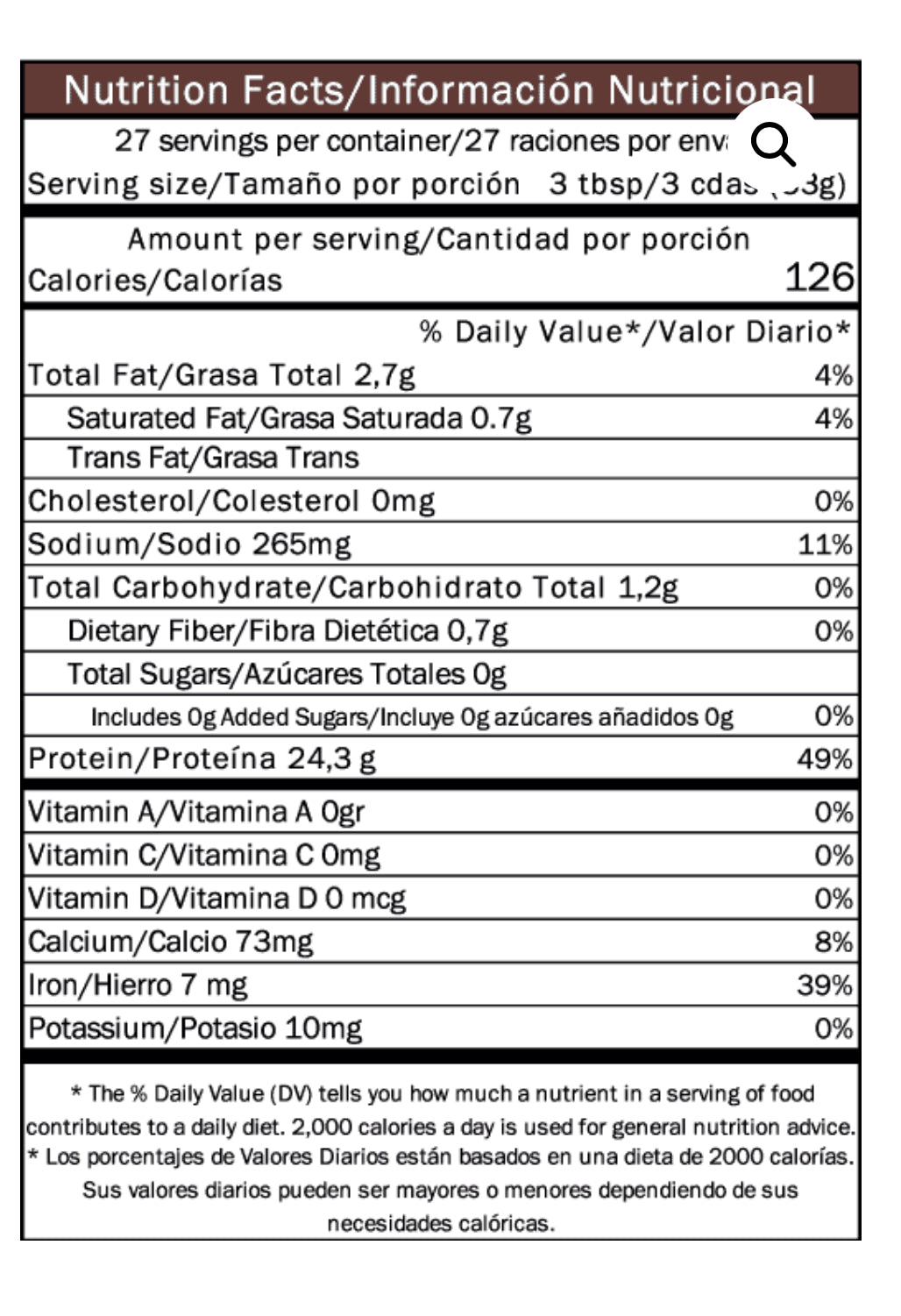 Tabla nutricional de Pea Proteina Isolate 907gr (HERBIVORE) Chocolate