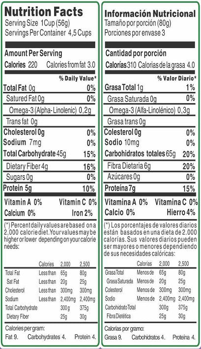 Tabla nutricional de Fusilli 250gr (EL DORADO) Chía
