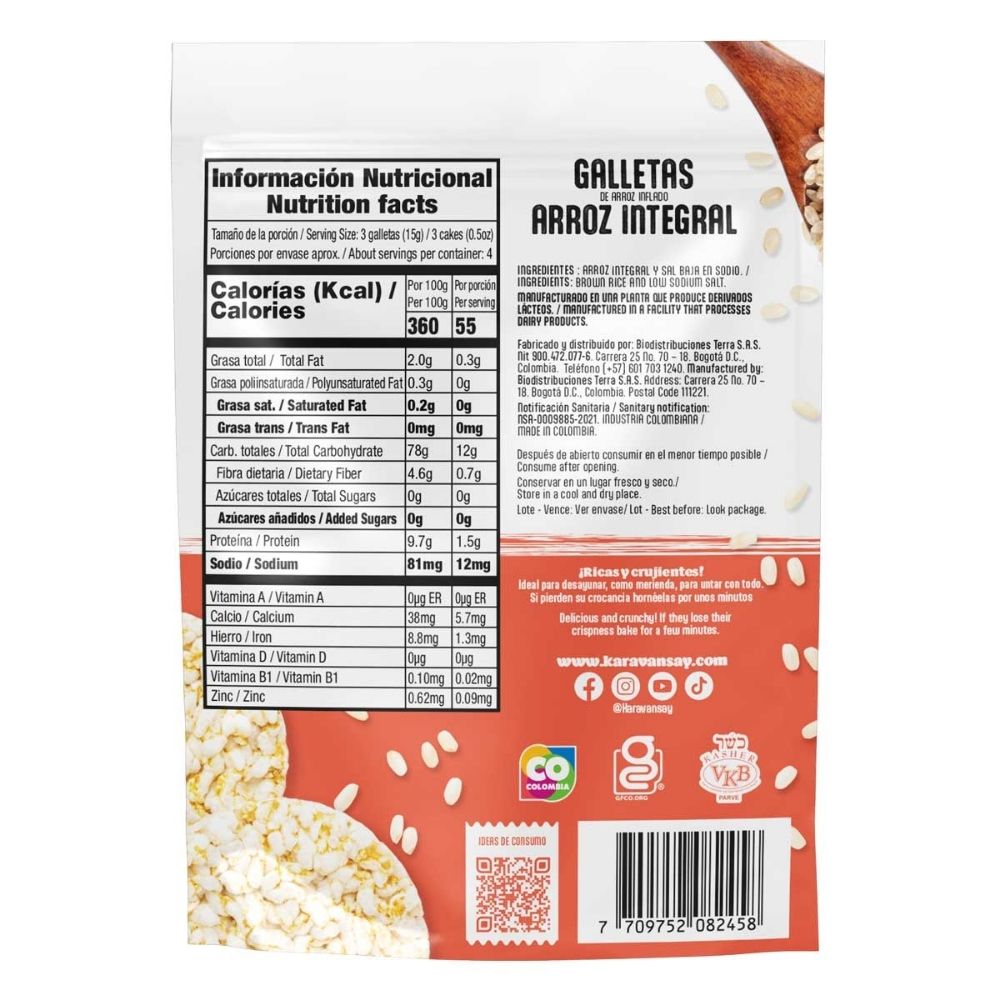 Tabla nutricional de Galleta de Arroz Integral 60 gr (KARAVANSAY)