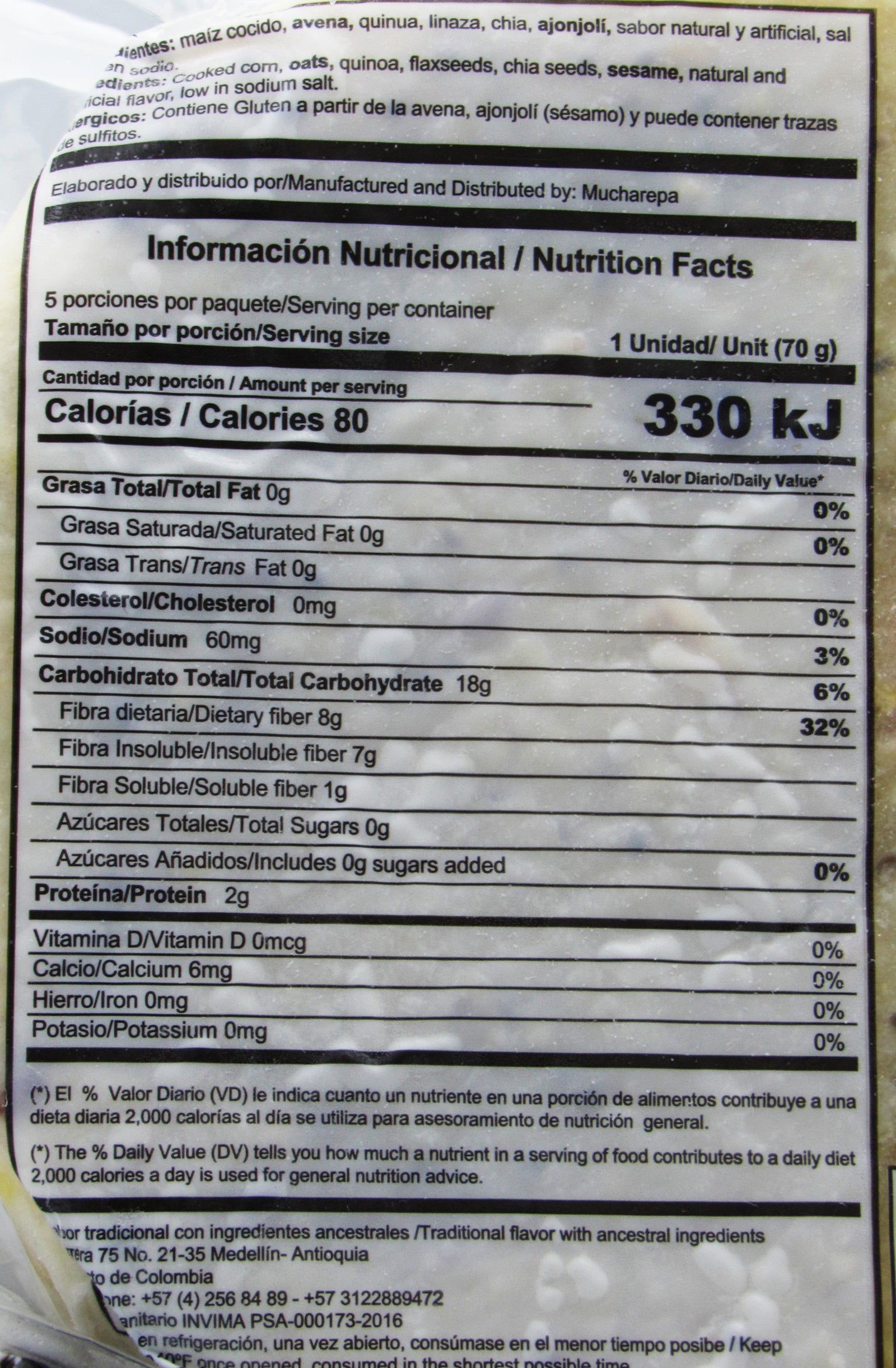 Tabla nutricional de Arepa 400gr x 5 unds (MOLTOVIDA) Multicereal + Avena & Linaza