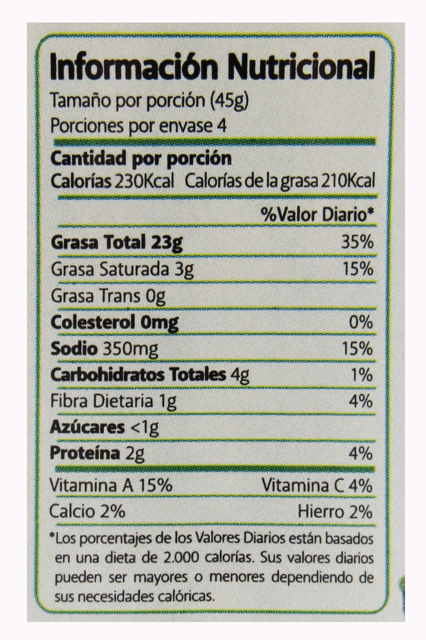 Tabla nutricional de Salsa Pesto Vegano 180gr (EL DORADO)