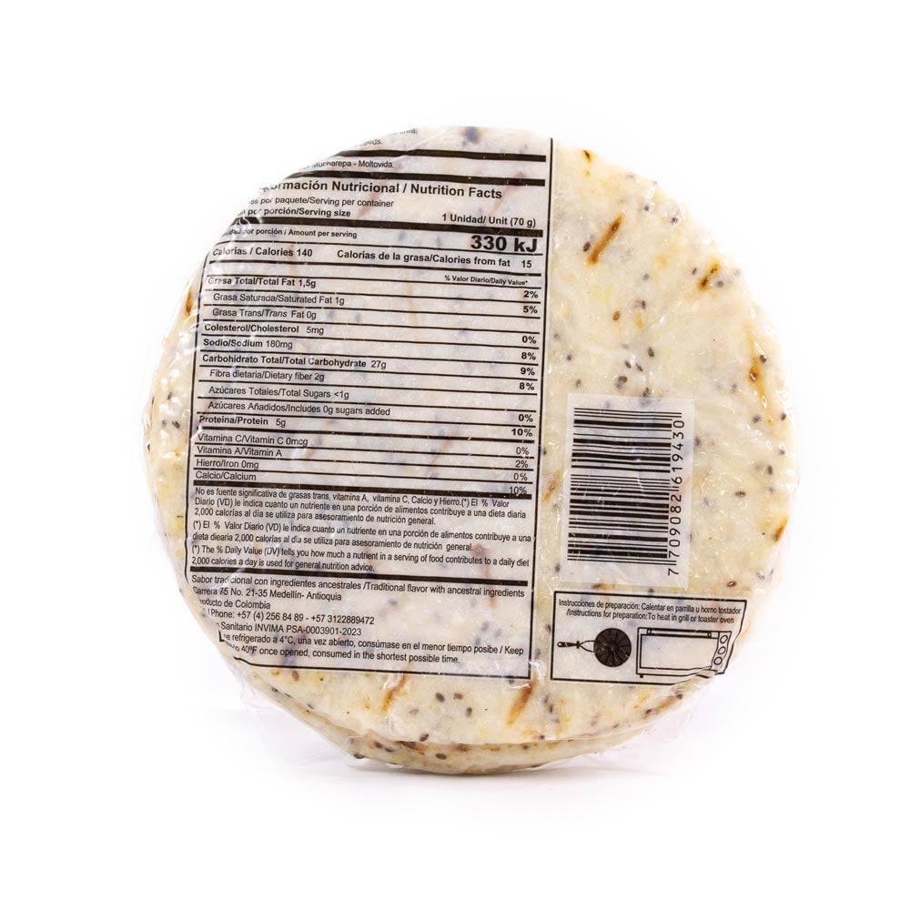 Tabla nutricional de Arepa 350gr x 5 unds (MOLTOVIDA) Cuajada y Semillas de Chía