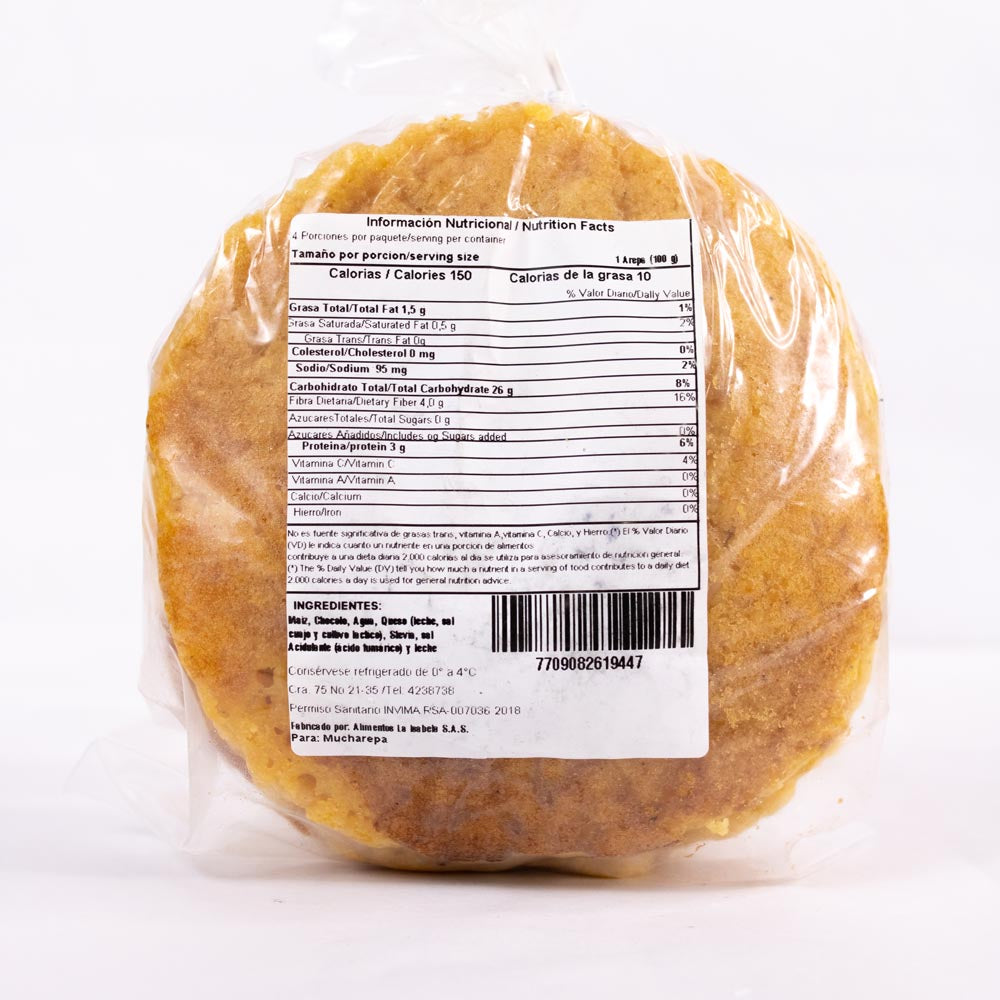 Tabla nutricional de Arepa de Chócolo 400gr x4 unds (MOLTOVIDA) Queso Bufala