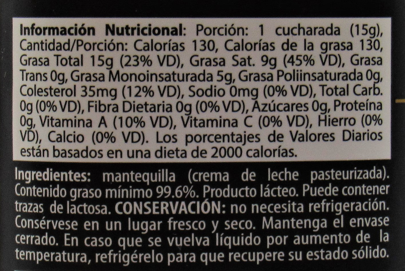 Tabla nutricional de Mantequilla Clarificada 200gr (GHEE)