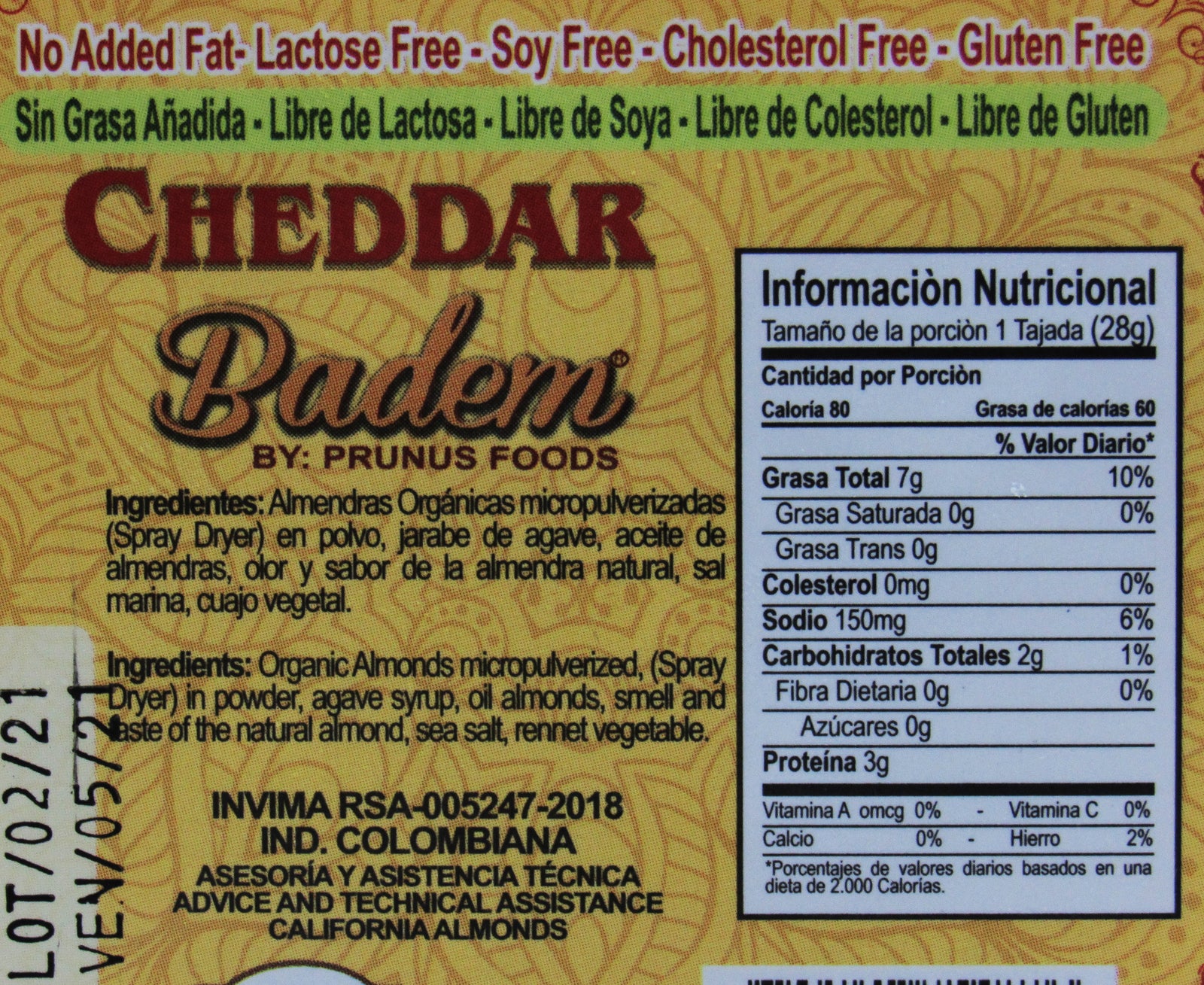 Tabla nutricional de Queso Almendra Cheddar 250gr (BADEM) Tajado