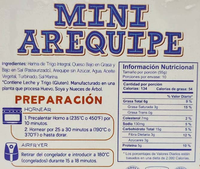 Tabla nutricional de Deditos 10un (DEL ORIGEN) Queso + Arequipe