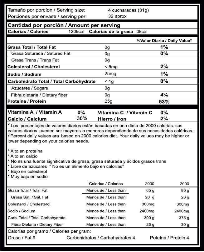 Tabla nutricional de Proteina chocolate stevia 31gr (ELEMENTAL)
