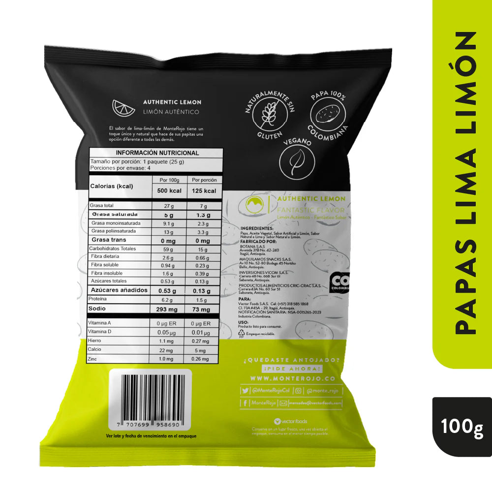 Tabla nutricional de Papas 115 gr (MONTEROJO) Lima-Limón