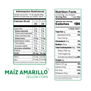 Tabla nutricional de Pasta De Maiz 250gr (EL DORADO) Penne