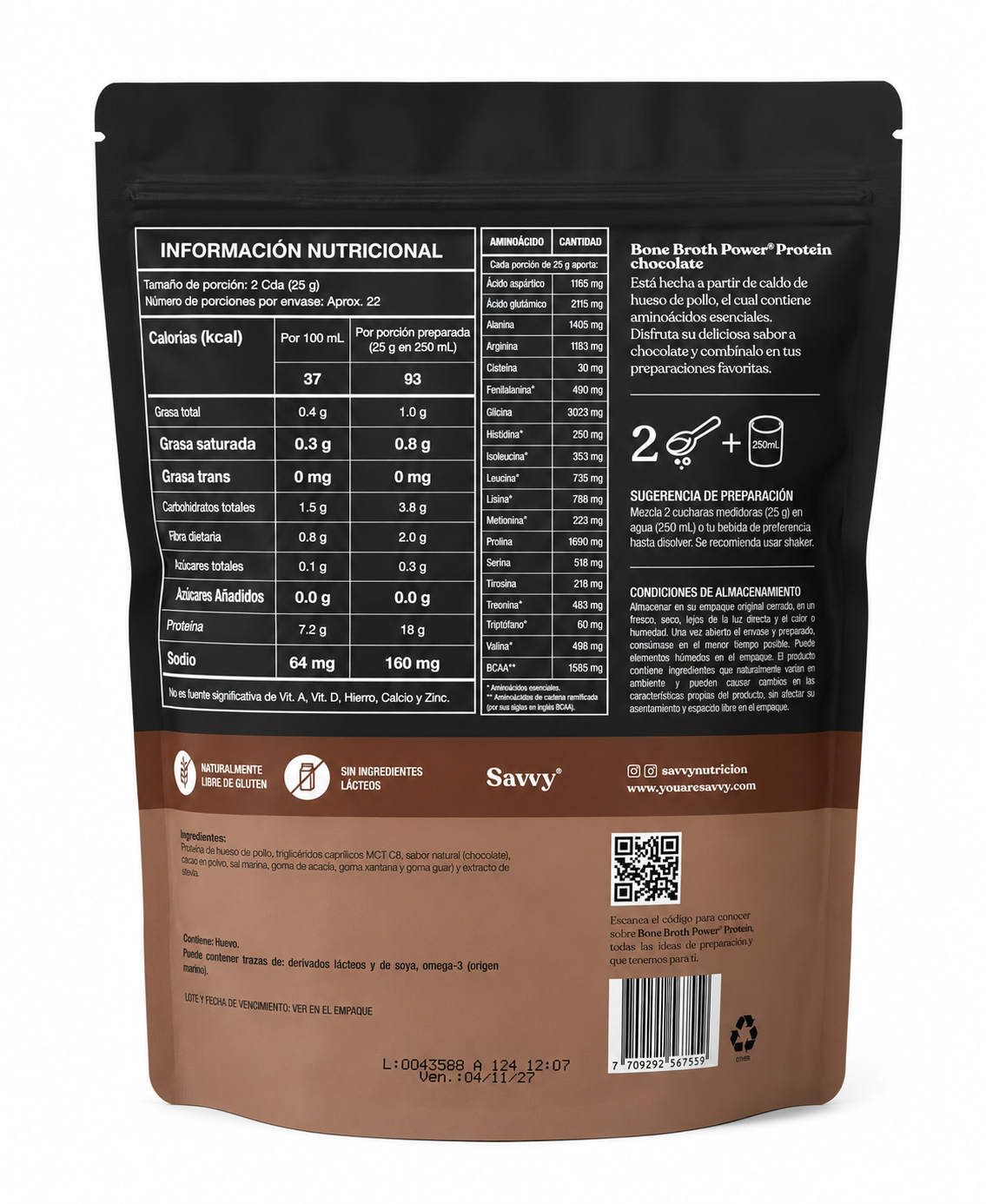 Tabla nutricional de Protein Bone Broth Power 560gr (SAVVY) Chocolate