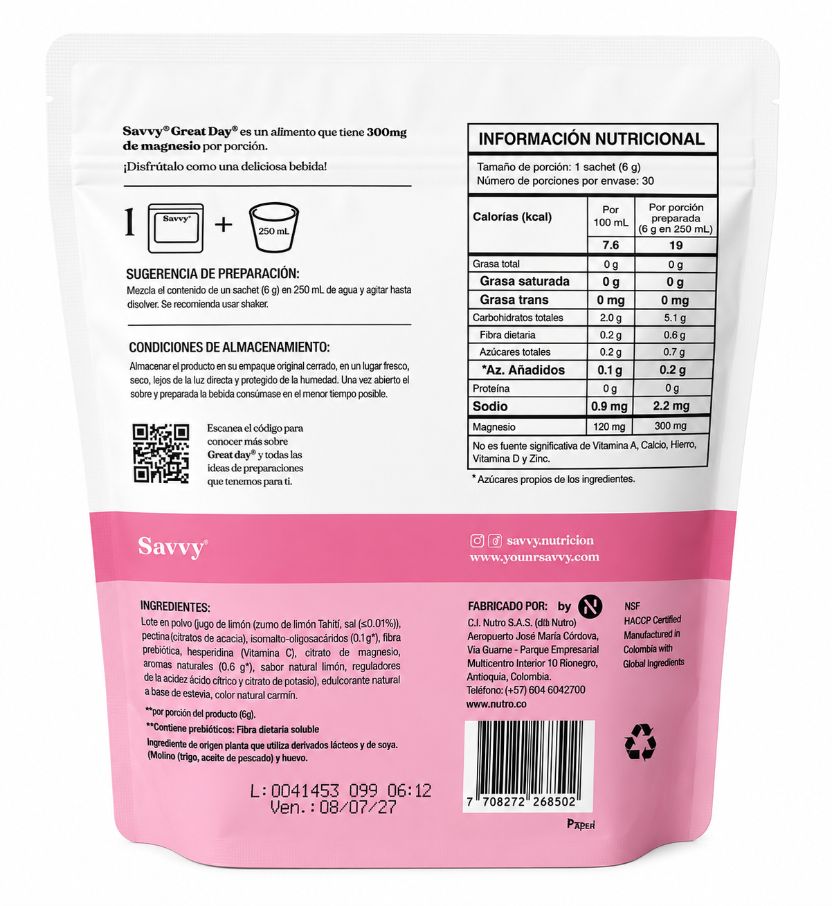 Tabla nutricional de Mezcla en Polvo Limonada 180gr (SAVVY) Rosada