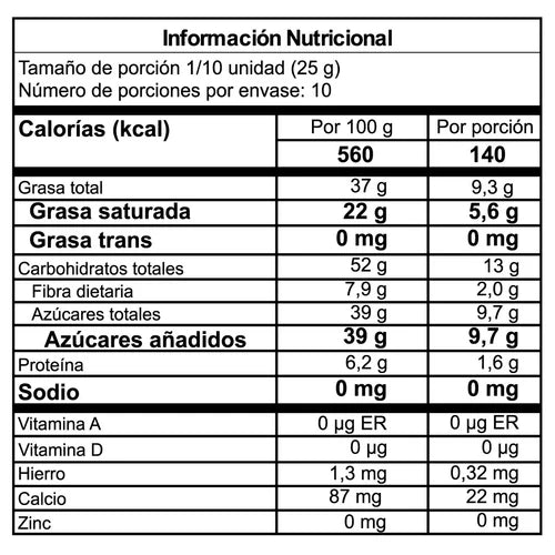 Tabla nutricional de Chips Chocolate Stevia 70% Cacao 250gr (LOK)