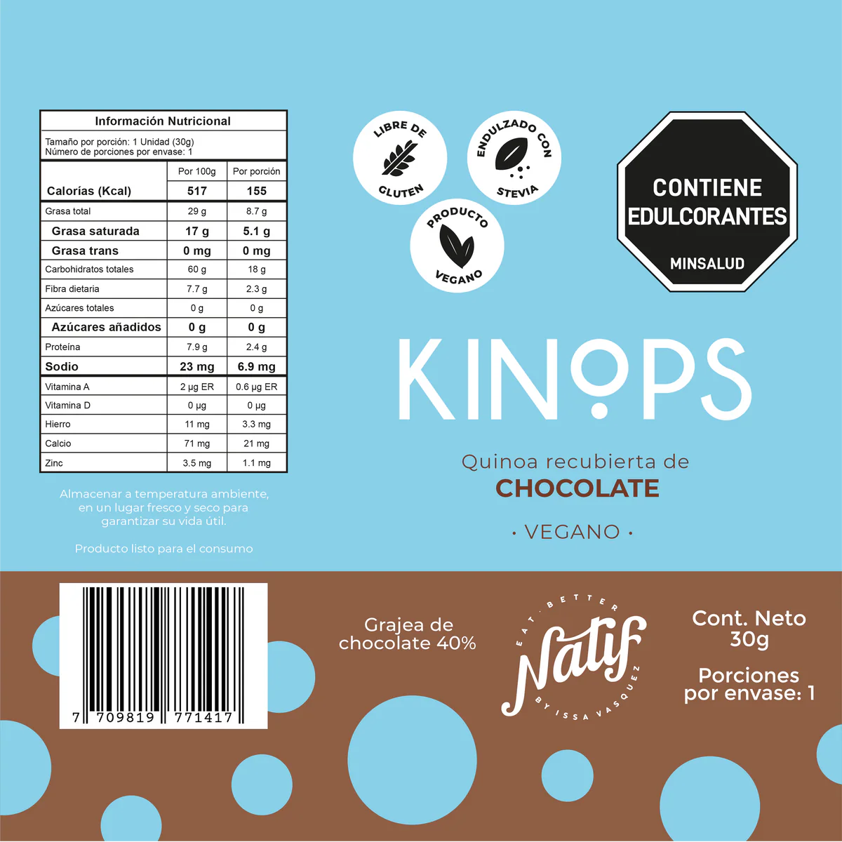 Tabla nutricional de Kinops Chocolate de Leche 30gr (NATIF)