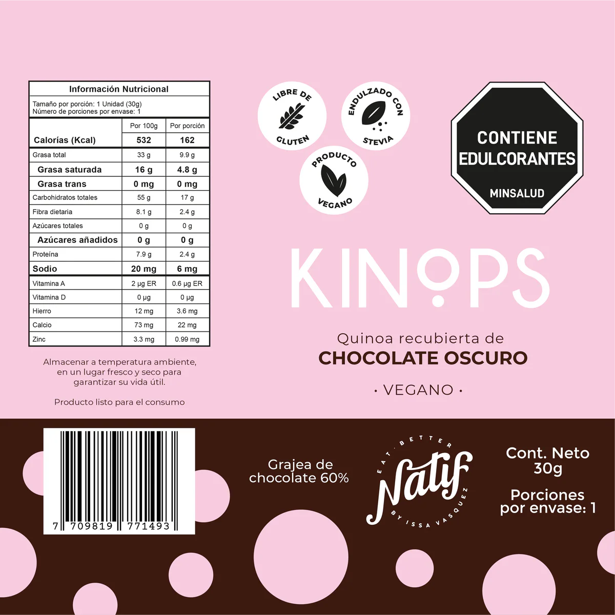 Tabla nutricional de Kinops Chocolate Oscuro 30gr (NATIF)